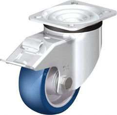 Blickle - 4" Diam x 1-37/64" Wide x 5-7/64" OAH Top Plate Mount Swivel Caster with Brake - Polyurethane-Elastomer Blickle Besthane, 660 Lb Capacity, Ball Bearing, 3-15/16 x 3-3/8" Plate - Exact Industrial Supply