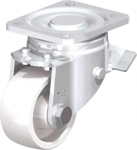 Blickle - 3" Diam x 1-29/64" Wide x 4-23/32" OAH Top Plate Mount Swivel Caster with Brake - Impact-Resistant Nylon, 770 Lb Capacity, Plain Bore Bearing, 3-15/16 x 3-3/8" Plate - Exact Industrial Supply