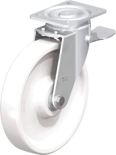 Blickle - 10" Diam x 1-31/32" Wide x 11-39/64" OAH Top Plate Mount Swivel Caster with Brake - Impact-Resistant Nylon, 1,980 Lb Capacity, Ball Bearing, 5-1/2 x 4-3/8" Plate - Exact Industrial Supply