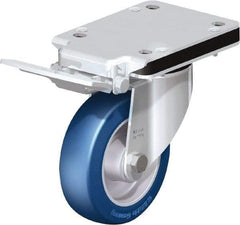 Blickle - 5" Diam x 1-37/64" Wide x 5-25/32" OAH Top Plate Mount Swivel Caster with Brake - Polyurethane-Elastomer Blickle Besthane, 770 Lb Capacity, Ball Bearing, 5-1/2 x 4-3/8" Plate - Exact Industrial Supply