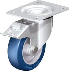 Blickle - 5" Diam x 1-37/64" Wide x 6-7/64" OAH Top Plate Mount Swivel Caster with Brake - Polyurethane-Elastomer Blickle Besthane, 770 Lb Capacity, Ball Bearing, 5-1/2 x 4-3/8" Plate - Exact Industrial Supply