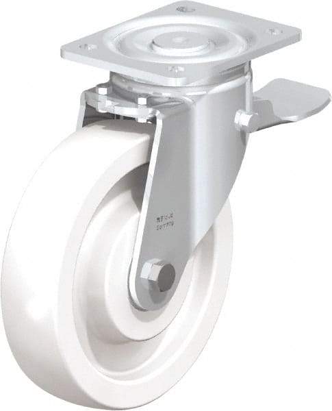 Blickle - 8" Diam x 1-31/32" Wide x 9-41/64" OAH Top Plate Mount Swivel Caster with Brake - Impact-Resistant Nylon, 1,980 Lb Capacity, Ball Bearing, 5-1/2 x 4-3/8" Plate - Exact Industrial Supply