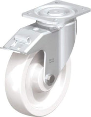 Blickle - 8" Diam x 1-31/32" Wide x 9-41/64" OAH Top Plate Mount Swivel Caster with Brake - Impact-Resistant Nylon, 1,980 Lb Capacity, Plain Bore Bearing, 5-1/2 x 4-3/8" Plate - Exact Industrial Supply