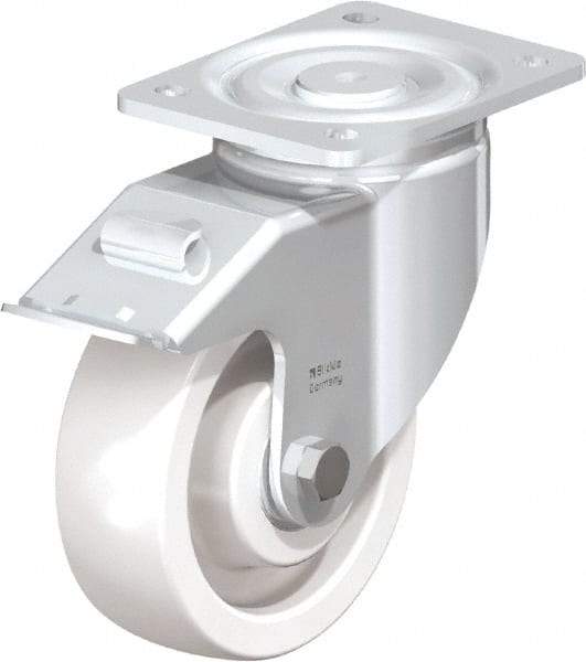 Blickle - 6" Diam x 1-31/32" Wide x 7-3/4" OAH Top Plate Mount Swivel Caster with Brake - Impact-Resistant Nylon, 1,760 Lb Capacity, Ball Bearing, 5-1/2 x 4-3/8" Plate - Exact Industrial Supply