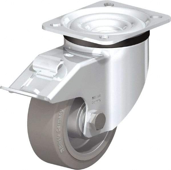 Blickle - 4" Diam x 1-37/64" Wide x 5-7/64" OAH Top Plate Mount Swivel Caster with Brake - Solid Rubber, 440 Lb Capacity, Ball Bearing, 3-15/16 x 3-3/8" Plate - Exact Industrial Supply