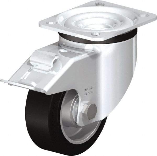 Blickle - 4" Diam x 1-37/64" Wide x 5-7/64" OAH Top Plate Mount Swivel Caster with Brake - Solid Rubber, 440 Lb Capacity, Ball Bearing, 3-15/16 x 3-3/8" Plate - Exact Industrial Supply