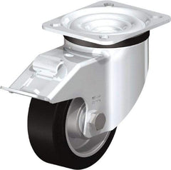 Blickle - 4" Diam x 1-37/64" Wide x 5-7/64" OAH Top Plate Mount Swivel Caster with Brake - Solid Rubber, 440 Lb Capacity, Ball Bearing, 3-15/16 x 3-3/8" Plate - Exact Industrial Supply