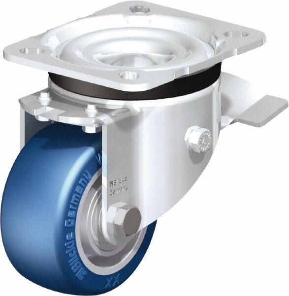 Blickle - 3" Diam x 1-37/64" Wide x 4-21/64" OAH Top Plate Mount Swivel Caster with Brake - Polyurethane-Elastomer Blickle Besthane, 506 Lb Capacity, Ball Bearing, 3-15/16 x 3-3/8" Plate - Exact Industrial Supply