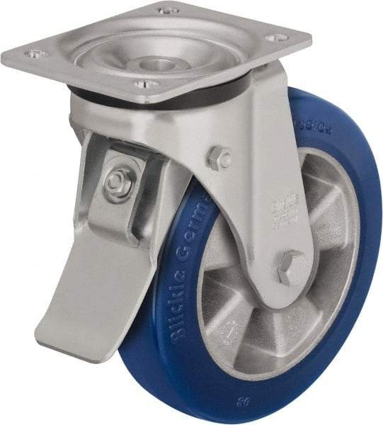 Blickle - 5" Diam x 2-1/8" Wide x 6-11/16" OAH Top Plate Mount Swivel Caster with Brake - Polyurethane-Elastomer Blickle Besthane, 990 Lb Capacity, Ball Bearing, 5-1/2 x 4-3/8" Plate - Exact Industrial Supply