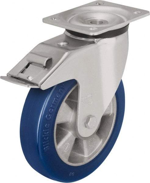 Blickle - 8" Diam x 1-31/32" Wide x 9-41/64" OAH Top Plate Mount Swivel Caster with Brake - Polyurethane-Elastomer Blickle Besthane, 1,320 Lb Capacity, Ball Bearing, 5-1/2 x 4-3/8" Plate - Exact Industrial Supply