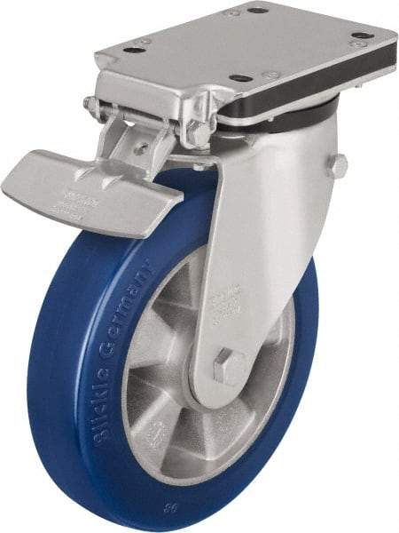 Blickle - 8" Diam x 1-31/32" Wide x 10-5/16" OAH Top Plate Mount Swivel Caster with Brake - Polyurethane-Elastomer Blickle Besthane, 1,320 Lb Capacity, Ball Bearing, 5-1/2 x 4-3/8" Plate - Exact Industrial Supply