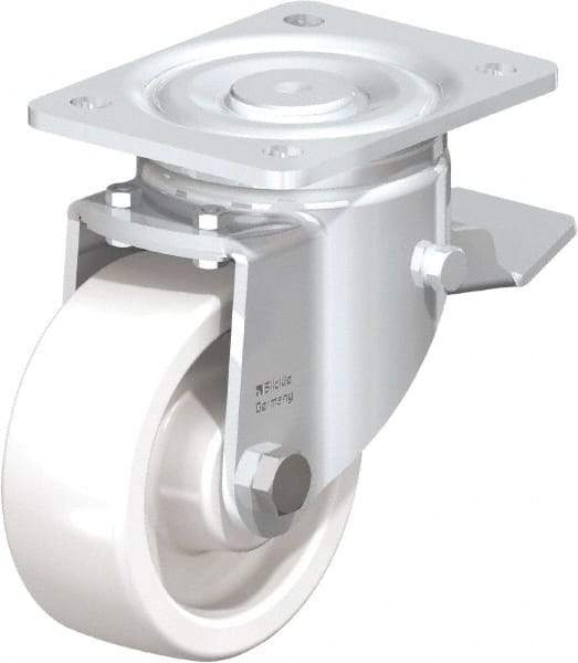 Blickle - 5" Diam x 1-31/32" Wide x 6-11/16" OAH Top Plate Mount Swivel Caster with Brake - Impact-Resistant Nylon, 1,650 Lb Capacity, Plain Bore Bearing, 5-1/2 x 4-3/8" Plate - Exact Industrial Supply