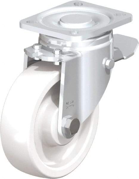 Blickle - 5" Diam x 1-29/64" Wide x 6-1/2" OAH Top Plate Mount Swivel Caster with Brake - Impact-Resistant Nylon, 1,540 Lb Capacity, Plain Bore Bearing, 3-15/16 x 3-3/8" Plate - Exact Industrial Supply