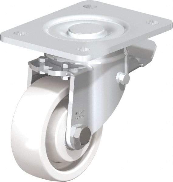 Blickle - 4" Diam x 1-29/64" Wide x 6-1/2" OAH Top Plate Mount Swivel Caster with Brake - Impact-Resistant Nylon, 1,100 Lb Capacity, Ball Bearing, 5-1/2 x 4-3/8" Plate - Exact Industrial Supply