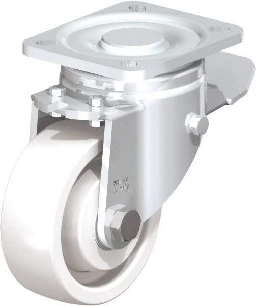 Blickle - 4" Diam x 1-29/64" Wide x 5-33/64" OAH Top Plate Mount Swivel Caster with Brake - Impact-Resistant Nylon, 1,100 Lb Capacity, Ball Bearing, 3-15/16 x 3-3/8" Plate - Exact Industrial Supply
