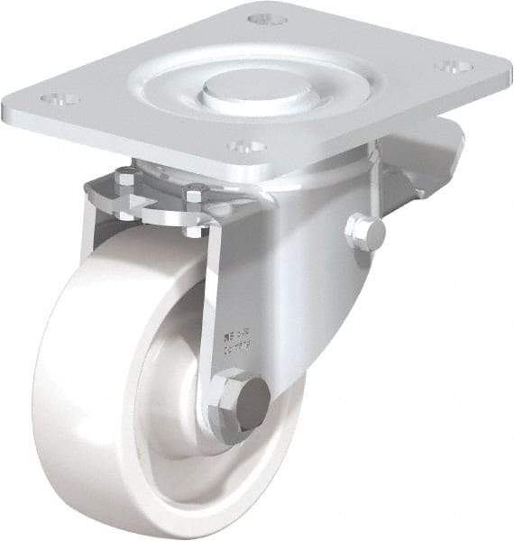 Blickle - 4" Diam x 1-29/64" Wide x 5-33/64" OAH Top Plate Mount Swivel Caster with Brake - Impact-Resistant Nylon, 1,100 Lb Capacity, Plain Bore Bearing, 5-1/2 x 4-3/8" Plate - Exact Industrial Supply