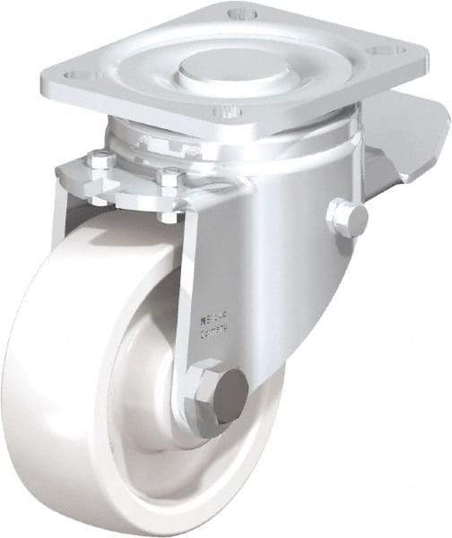 Blickle - 4" Diam x 1-29/64" Wide x 5-33/64" OAH Top Plate Mount Swivel Caster with Brake - Impact-Resistant Nylon, 1,100 Lb Capacity, Plain Bore Bearing, 3-15/16 x 3-3/8" Plate - Exact Industrial Supply
