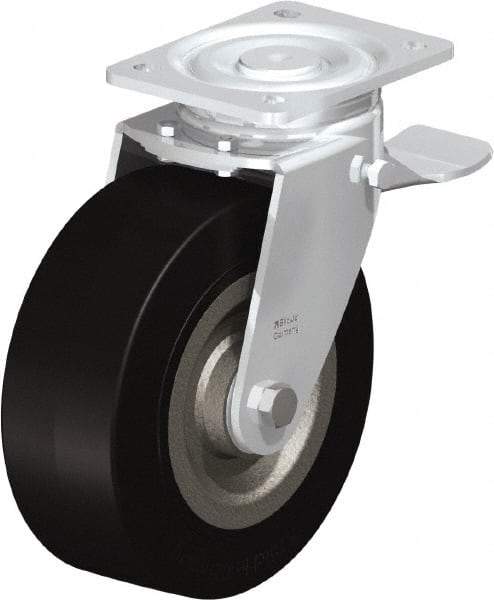Blickle - 8" Diam x 3-9/64" Wide x 9-41/64" OAH Top Plate Mount Swivel Caster with Brake - Solid Rubber, 1,870 Lb Capacity, Ball Bearing, 5-1/2 x 4-3/8" Plate - Exact Industrial Supply