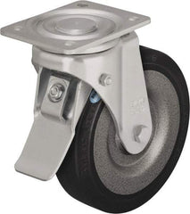 Blickle - 10" Diam x 2-23/64" Wide x 11-39/64" OAH Top Plate Mount Swivel Caster with Brake - Solid Rubber, 1,870 Lb Capacity, Ball Bearing, 5-1/2 x 4-3/8" Plate - Exact Industrial Supply