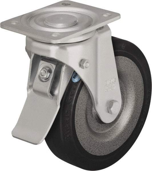 Blickle - 8" Diam x 1-31/32" Wide x 9-41/64" OAH Top Plate Mount Swivel Caster with Brake - Solid Rubber, 1,320 Lb Capacity, Ball Bearing, 5-1/2 x 4-3/8" Plate - Exact Industrial Supply