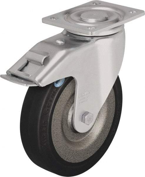 Blickle - 8" Diam x 1-31/32" Wide x 9-41/64" OAH Top Plate Mount Swivel Caster with Brake - Solid Rubber, 1,320 Lb Capacity, Ball Bearing, 5-1/2 x 4-3/8" Plate - Exact Industrial Supply