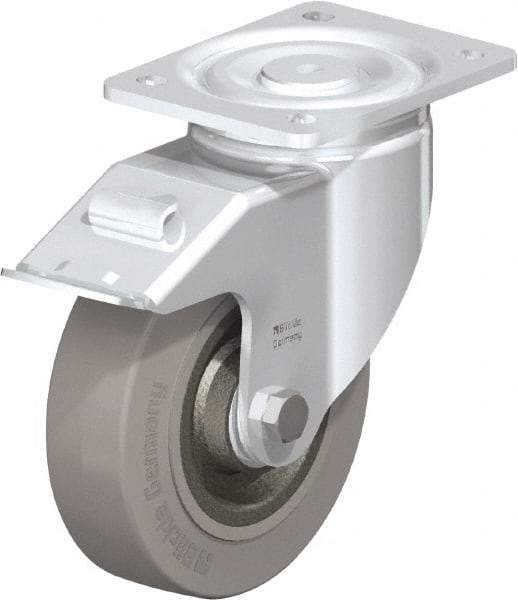 Blickle - 6-1/2" Diam x 1-31/32" Wide x 7-61/64" OAH Top Plate Mount Swivel Caster with Brake - Solid Rubber, 990 Lb Capacity, Ball Bearing, 5-1/2 x 4-3/8" Plate - Exact Industrial Supply
