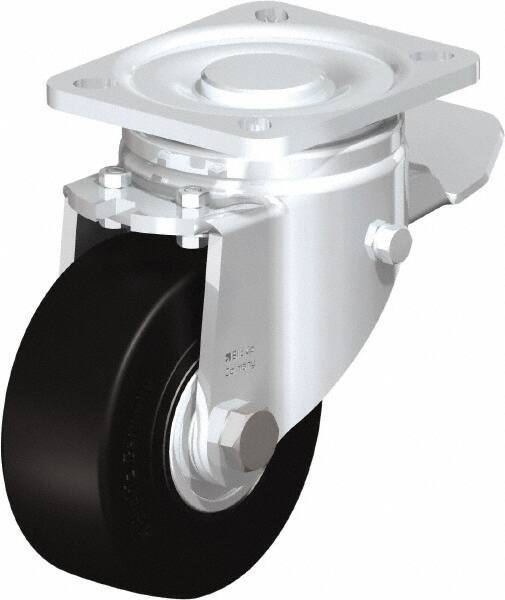 Blickle - 4" Diam x 1-49/64" Wide x 5-33/64" OAH Top Plate Mount Swivel Caster with Brake - Solid Rubber, 594 Lb Capacity, Ball Bearing, 3-15/16 x 3-3/8" Plate - Exact Industrial Supply