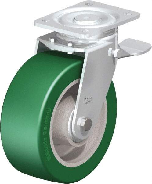 Blickle - 8" Diam x 3-9/64" Wide x 9-41/64" OAH Top Plate Mount Swivel Caster with Brake - Polyurethane-Elastomer Blickle Softhane, 1,760 Lb Capacity, Ball Bearing, 5-1/2 x 4-3/8" Plate - Exact Industrial Supply