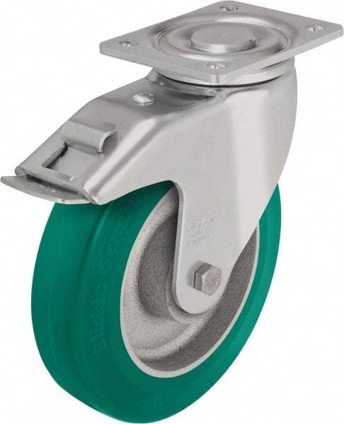 Blickle - 6" Diam x 1-31/32" Wide x 7-3/4" OAH Top Plate Mount Swivel Caster with Brake - Polyurethane-Elastomer Blickle Softhane, 1,210 Lb Capacity, Ball Bearing, 5-1/2 x 4-3/8" Plate - Exact Industrial Supply
