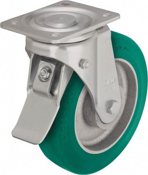 Blickle - 6" Diam x 1-31/32" Wide x 7-3/4" OAH Top Plate Mount Swivel Caster with Brake - Polyurethane-Elastomer Blickle Softhane, 1,210 Lb Capacity, Ball Bearing, 5-1/2 x 4-3/8" Plate - Exact Industrial Supply
