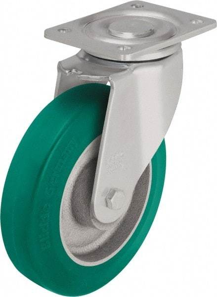 Blickle - 6-1/2" Diam x 1-31/32" Wide x 7-61/64" OAH Top Plate Mount Swivel Caster - Polyurethane-Elastomer Blickle Softhane, 1,320 Lb Capacity, Ball Bearing, 5-1/2 x 4-3/8" Plate - Exact Industrial Supply
