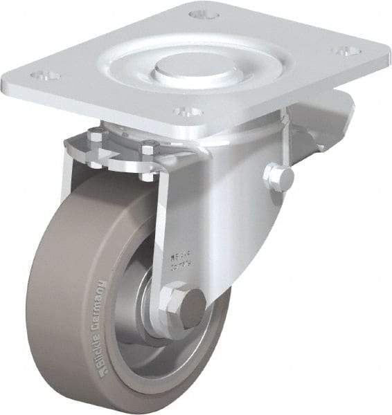 Blickle - 4" Diam x 1-9/16" Wide x 5-33/64" OAH Top Plate Mount Swivel Caster with Brake - Solid Rubber, 440 Lb Capacity, Ball Bearing, 5-1/2 x 4-3/8" Plate - Exact Industrial Supply