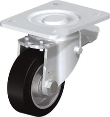 Blickle - 4" Diam x 1-9/16" Wide x 5-33/64" OAH Top Plate Mount Swivel Caster with Brake - Solid Rubber, 440 Lb Capacity, Ball Bearing, 5-1/2 x 4-3/8" Plate - Exact Industrial Supply