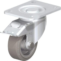 Blickle - 4" Diam x 1-9/16" Wide x 5-33/64" OAH Top Plate Mount Swivel Caster with Brake - Solid Rubber, 440 Lb Capacity, Ball Bearing, 5-1/2 x 4-3/8" Plate - Exact Industrial Supply