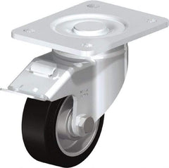 Blickle - 4" Diam x 1-9/16" Wide x 5-33/64" OAH Top Plate Mount Swivel Caster with Brake - Solid Rubber, 440 Lb Capacity, Ball Bearing, 5-1/2 x 4-3/8" Plate - Exact Industrial Supply