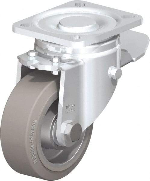 Blickle - 4" Diam x 1-9/16" Wide x 5-33/64" OAH Top Plate Mount Swivel Caster with Brake - Solid Rubber, 440 Lb Capacity, Ball Bearing, 3-15/16 x 3-3/8" Plate - Exact Industrial Supply