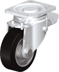 Blickle - 4" Diam x 1-9/16" Wide x 5-33/64" OAH Top Plate Mount Swivel Caster with Brake - Solid Rubber, 440 Lb Capacity, Ball Bearing, 3-15/16 x 3-3/8" Plate - Exact Industrial Supply