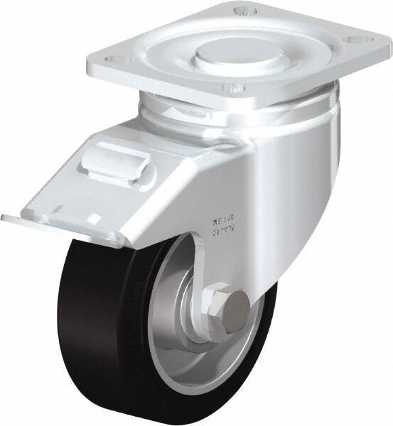 Blickle - 4" Diam x 1-9/16" Wide x 5-33/64" OAH Top Plate Mount Swivel Caster with Brake - Solid Rubber, 440 Lb Capacity, Ball Bearing, 3-15/16 x 3-3/8" Plate - Exact Industrial Supply
