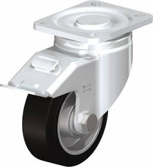 Blickle - 4" Diam x 1-9/16" Wide x 5-33/64" OAH Top Plate Mount Swivel Caster with Brake - Solid Rubber, 440 Lb Capacity, Ball Bearing, 3-15/16 x 3-3/8" Plate - Exact Industrial Supply