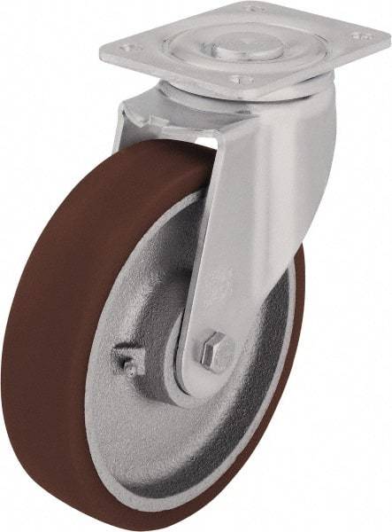 Blickle - 8" Diam x 2-35/64" Wide x 9-21/32" OAH Top Plate Mount Swivel Caster - Polyurethane-Elastomer Blickle Softhane, 1,980 Lb Capacity, Ball Bearing, 5-1/2 x 4-3/8" Plate - Exact Industrial Supply