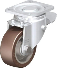 Blickle - 4" Diam x 1-37/64" Wide x 5-33/64" OAH Top Plate Mount Swivel Caster with Brake - Polyurethane-Elastomer Blickle Softhane, 880 Lb Capacity, Ball Bearing, 3-15/16 x 3-3/8" Plate - Exact Industrial Supply