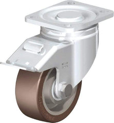 Blickle - 4" Diam x 1-37/64" Wide x 5-33/64" OAH Top Plate Mount Swivel Caster with Brake - Polyurethane-Elastomer Blickle Softhane, 880 Lb Capacity, Ball Bearing, 3-15/16 x 3-3/8" Plate - Exact Industrial Supply