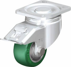 Blickle - 3" Diam x 1-9/16" Wide x 4-23/32" OAH Top Plate Mount Swivel Caster with Brake - Polyurethane-Elastomer Blickle Softhane, 506 Lb Capacity, Ball Bearing, 3-15/16 x 3-3/8" Plate - Exact Industrial Supply