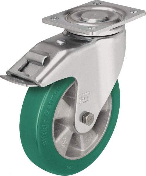 Blickle - 8" Diam x 2" Wide x 9-21/32" OAH Top Plate Mount Swivel Caster with Brake - Polyurethane-Elastomer Blickle Softhane, 1,540 Lb Capacity, Ball Bearing, 5-1/2 x 4-3/8" Plate - Exact Industrial Supply