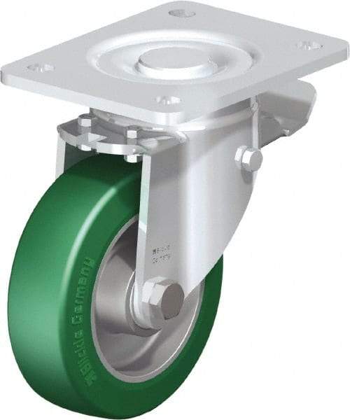 Blickle - 5" Diam x 1-9/16" Wide x 6-1/2" OAH Top Plate Mount Swivel Caster with Brake - Polyurethane-Elastomer Blickle Softhane, 770 Lb Capacity, Ball Bearing, 5-1/2 x 4-3/8" Plate - Exact Industrial Supply