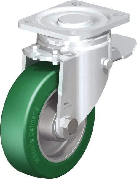 Blickle - 5" Diam x 1-9/16" Wide x 6-1/2" OAH Top Plate Mount Swivel Caster with Brake - Polyurethane-Elastomer Blickle Softhane, 770 Lb Capacity, Ball Bearing, 3-15/16 x 3-3/8" Plate - Exact Industrial Supply