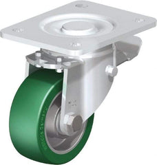 Blickle - 4" Diam x 1-9/16" Wide x 5-33/64" OAH Top Plate Mount Swivel Caster with Brake - Polyurethane-Elastomer Blickle Softhane, 660 Lb Capacity, Ball Bearing, 5-1/2 x 4-3/8" Plate - Exact Industrial Supply