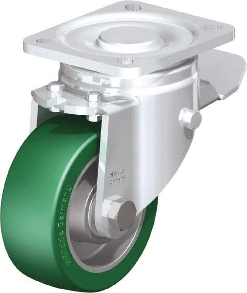 Blickle - 4" Diam x 1-9/16" Wide x 5-33/64" OAH Top Plate Mount Swivel Caster with Brake - Polyurethane-Elastomer Blickle Softhane, 660 Lb Capacity, Ball Bearing, 3-15/16 x 3-3/8" Plate - Exact Industrial Supply