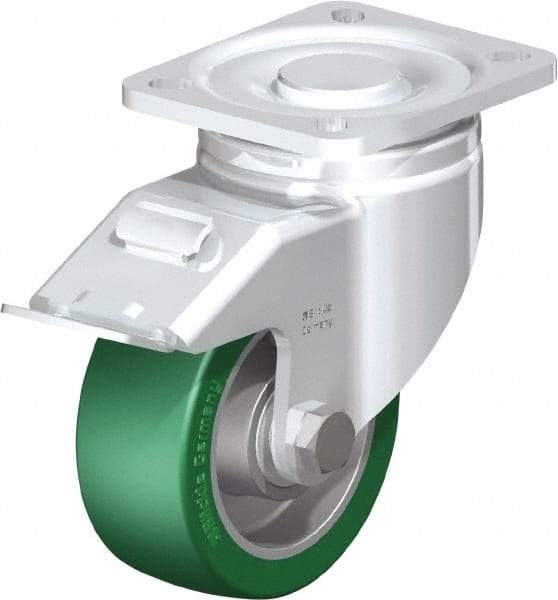 Blickle - 4" Diam x 1-9/16" Wide x 5-33/64" OAH Top Plate Mount Swivel Caster with Brake - Polyurethane-Elastomer Blickle Softhane, 660 Lb Capacity, Ball Bearing, 3-15/16 x 3-3/8" Plate - Exact Industrial Supply