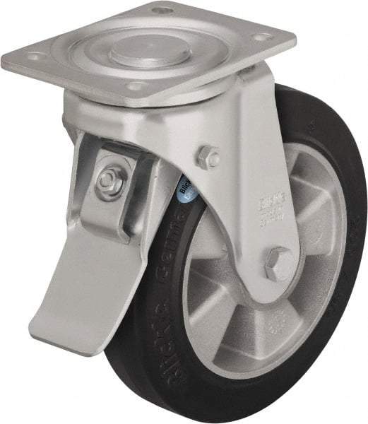 Blickle - 8" Diam x 2" Wide x 9-41/64" OAH Top Plate Mount Swivel Caster with Brake - Solid Rubber, 1,210 Lb Capacity, Ball Bearing, 5-1/2 x 4-3/8" Plate - Exact Industrial Supply